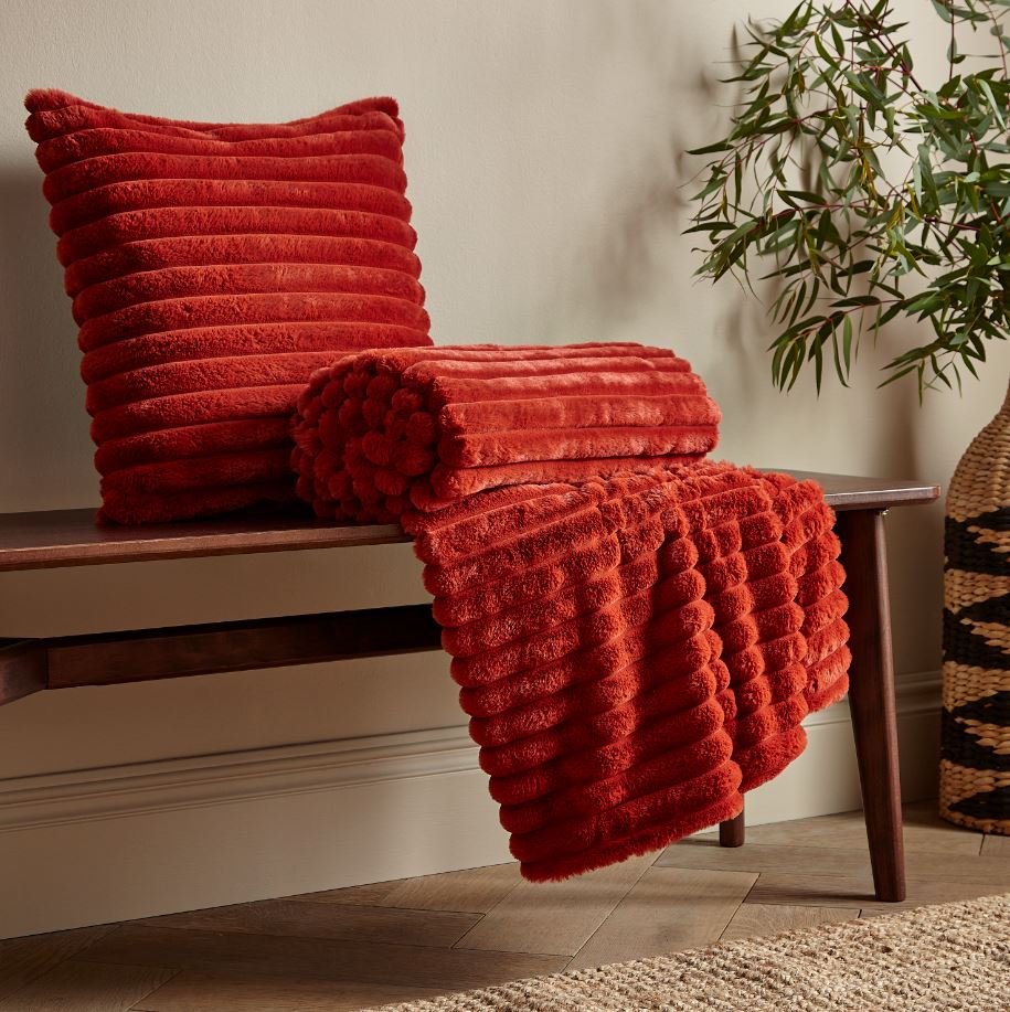 Catherine Lansfield Cosy Ribbed Faux Fur 130x170cm Throw Burnt Orange