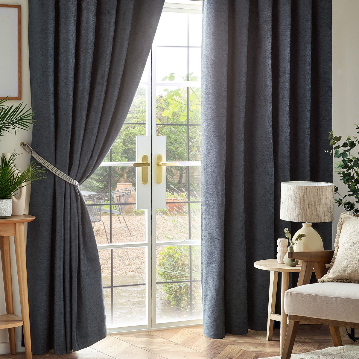 Chenille Triple Woven Ready Made Blackout Pencil Pleat Curtains Charcoal
