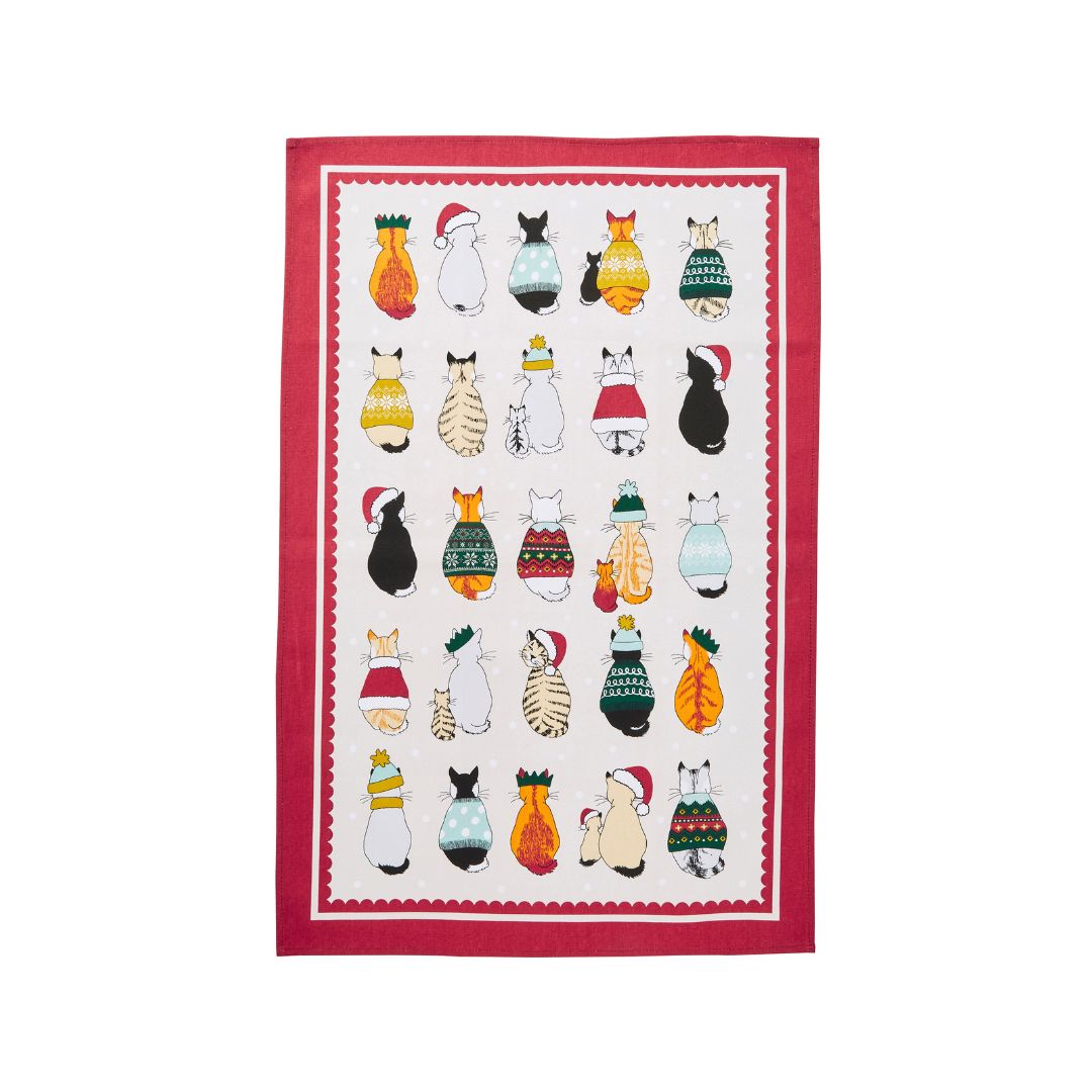 Ulster Weavers Christmas Cats in Waiting Tea Towel Red