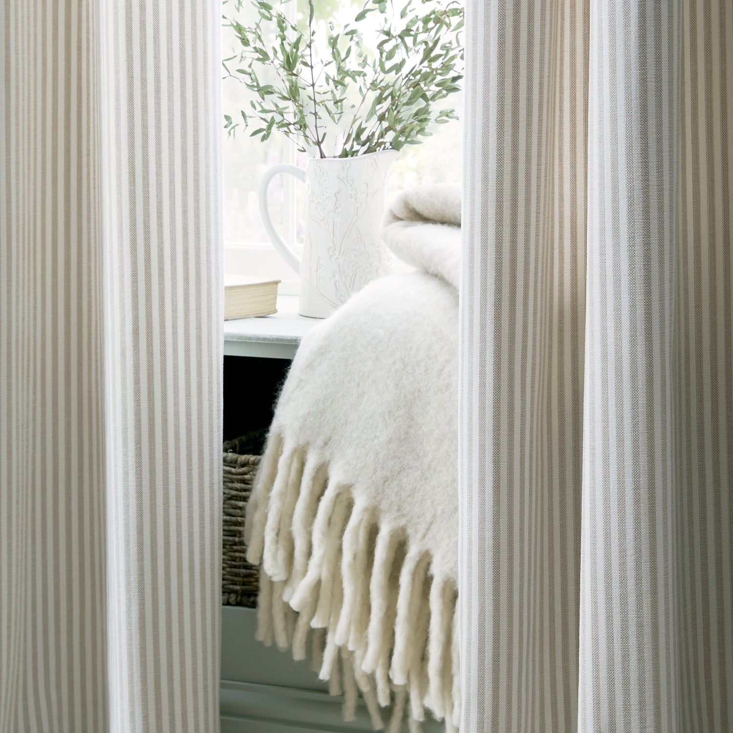 Laura Ashley Cornish Chenille Stripe Ready Made Eyelet Curtains Natural