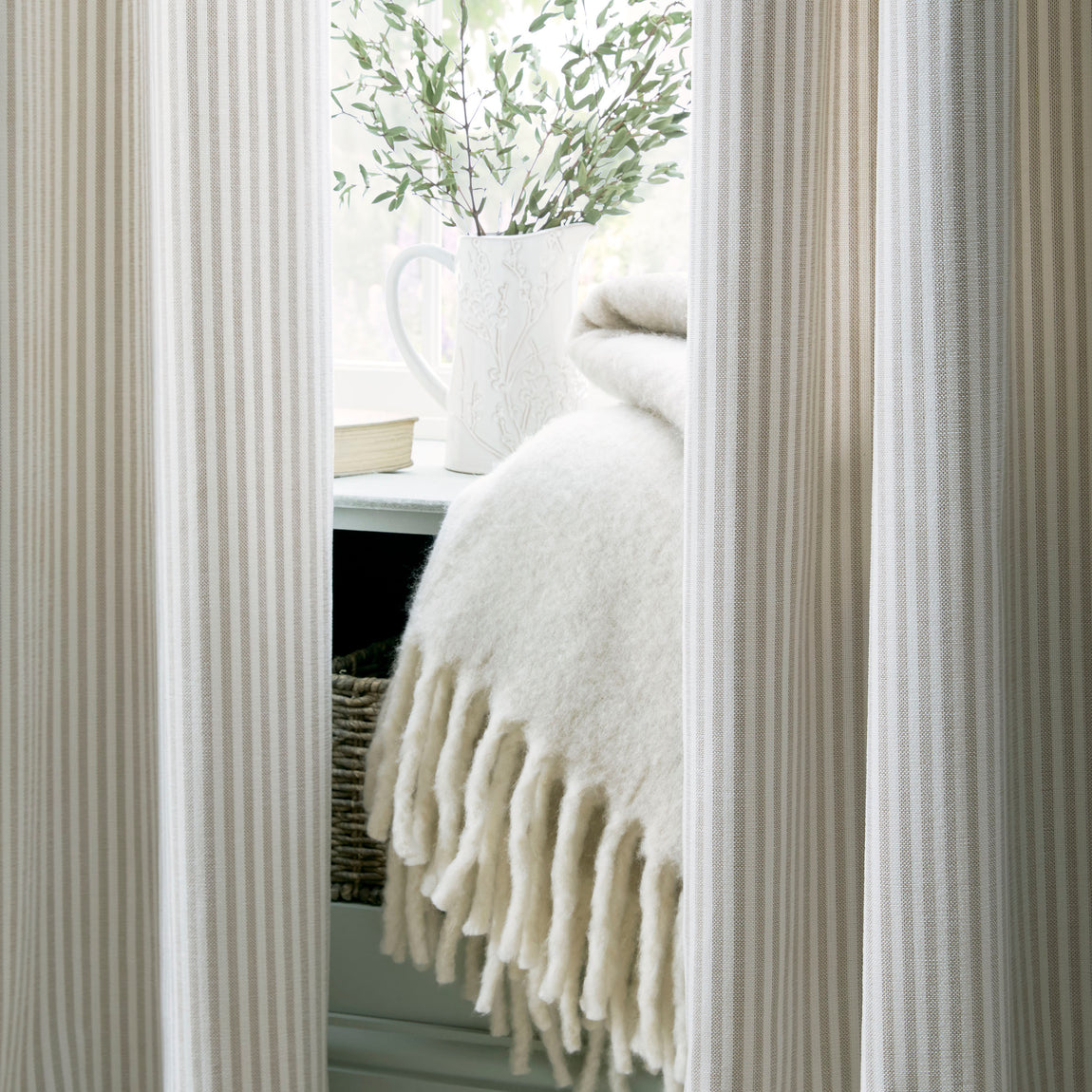 Laura Ashley Cornish Chenille Stripe Ready Made Eyelet Curtains Natural