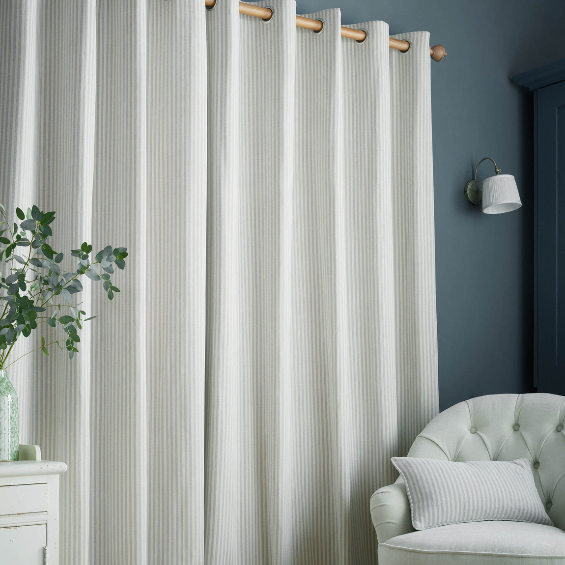 Laura Ashley Cornish Chenille Stripe Ready Made Eyelet Curtains Slate Blue