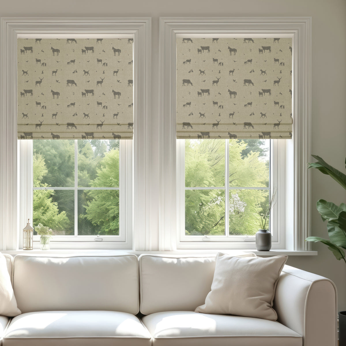 ANTE DECOR Country Animals Printed Cotton Made To Measure Roman Blind Linen Charcoal