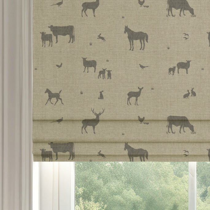 ANTE DECOR Country Animals Printed Cotton Made To Measure Roman Blind Linen Charcoal