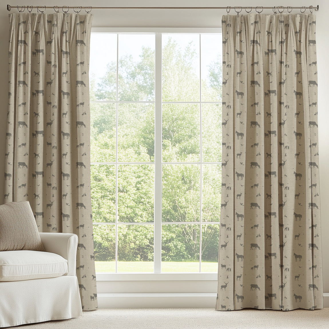 ANTE DECOR Country Animals Printed Cotton Made To Measure Curtains Linen Charcoal