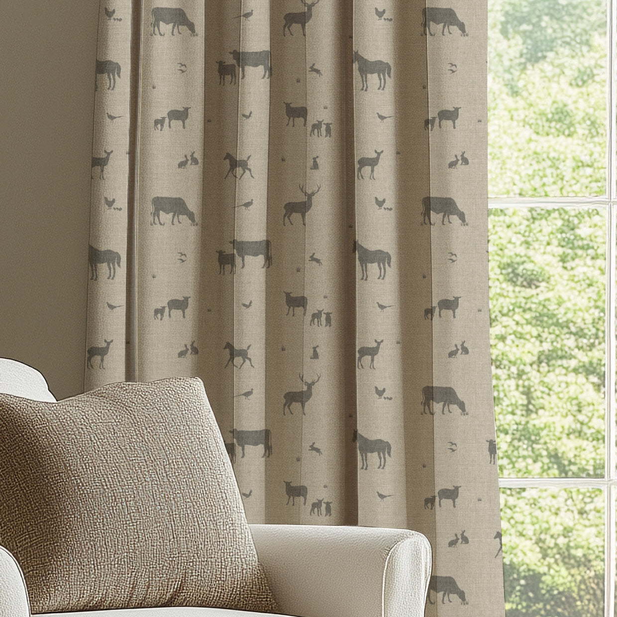 ANTE DECOR Country Animals Printed Cotton Made To Measure Curtains Linen Charcoal