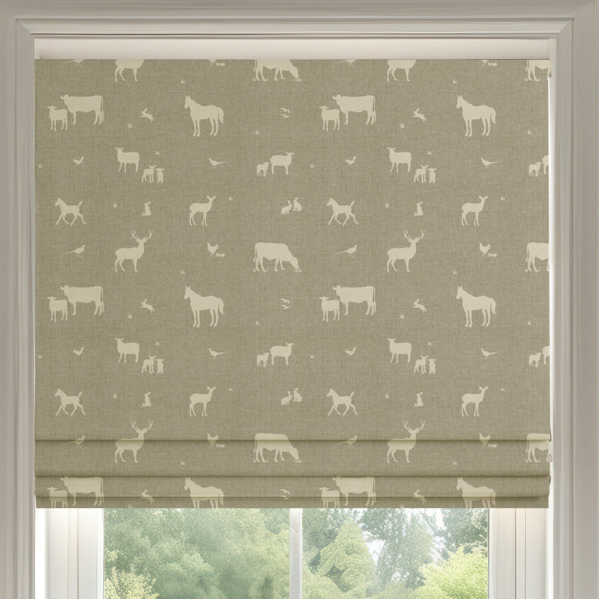 ANTE DECOR Country Animals Printed Cotton Made To Measure Roman Blind Beige Cream