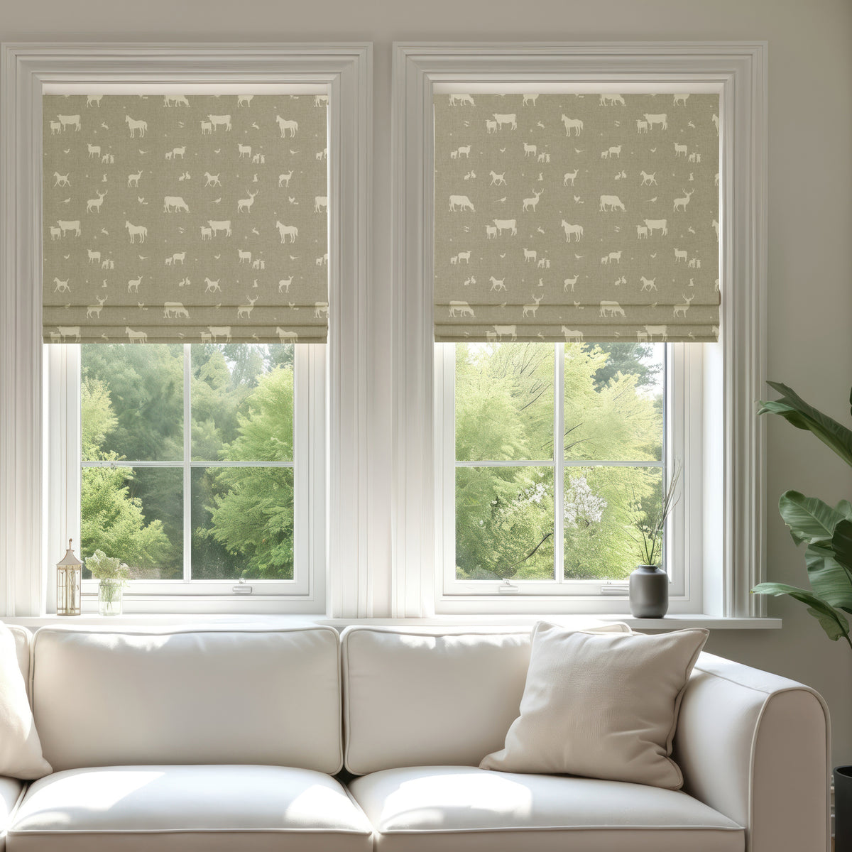 ANTE DECOR Country Animals Printed Cotton Made To Measure Roman Blind Beige Cream