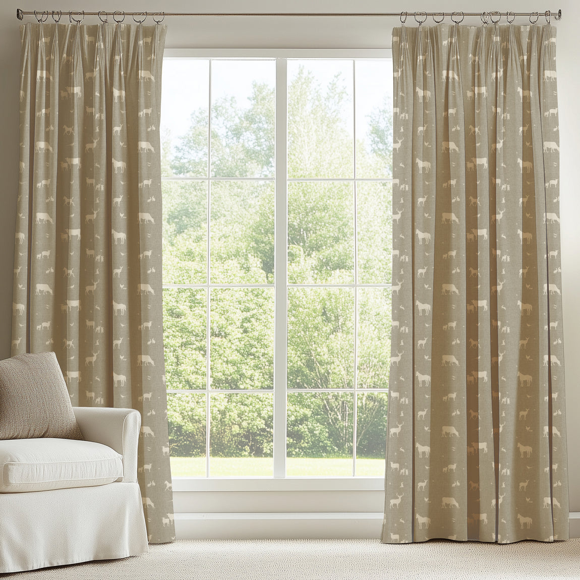 ANTE DECOR Country Animals Printed Cotton Made To Measure Curtains Beige Cream