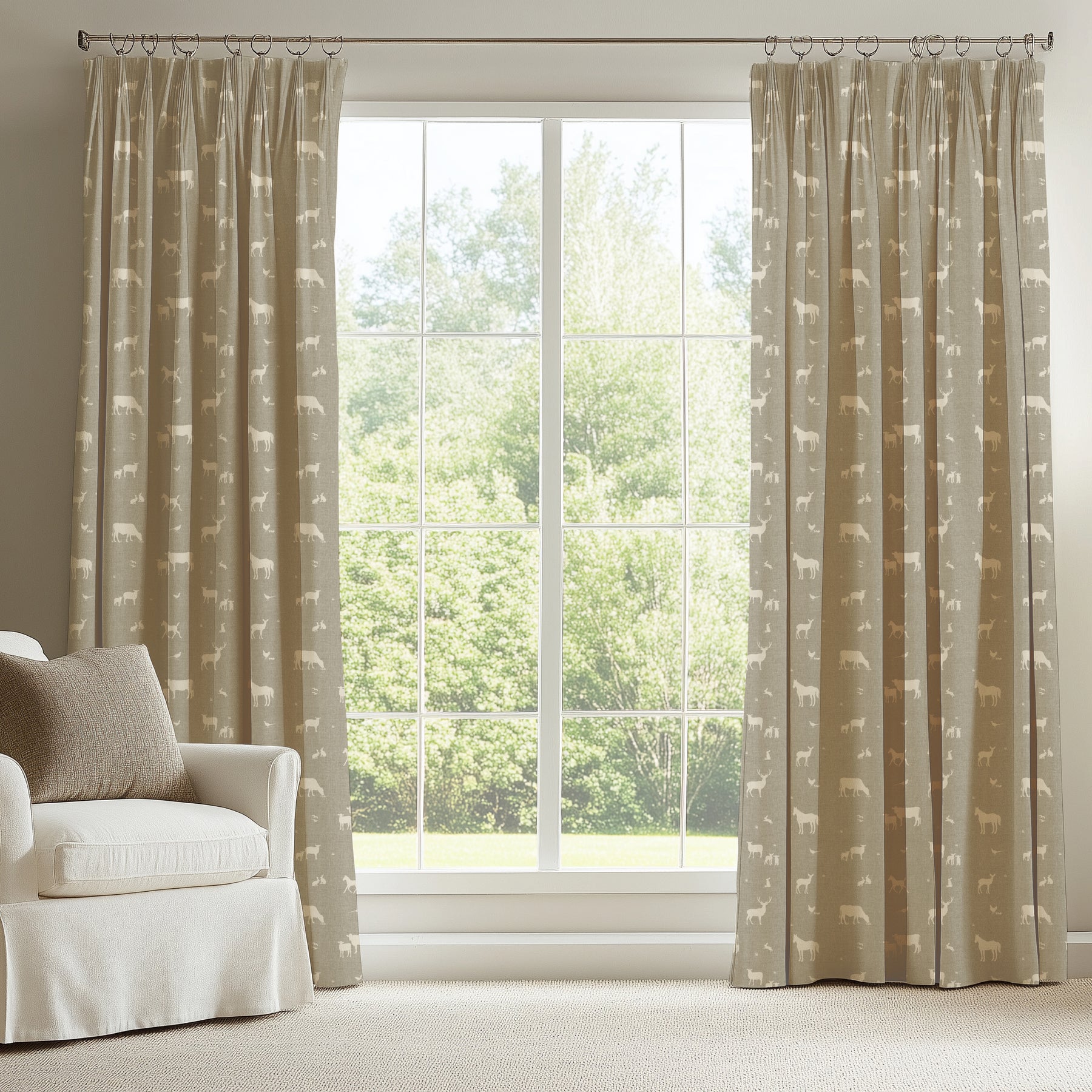 ANTE DECOR Country Animals Printed Cotton Fabric Beige Cream