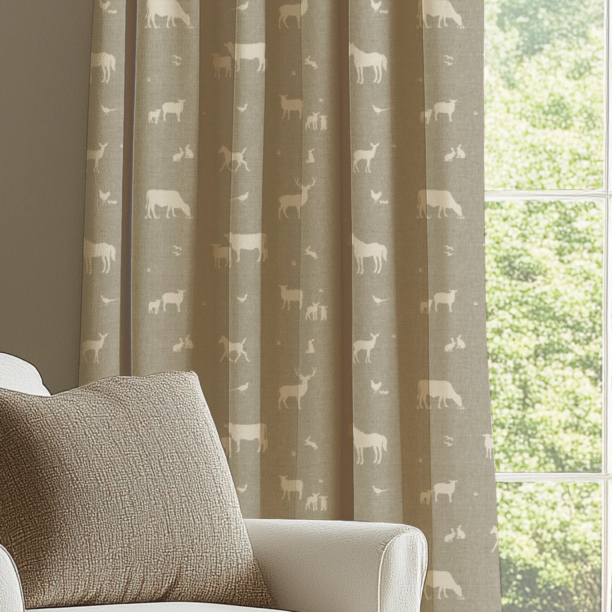 ANTE DECOR Country Animals Printed Cotton Made To Measure Curtains Beige Cream