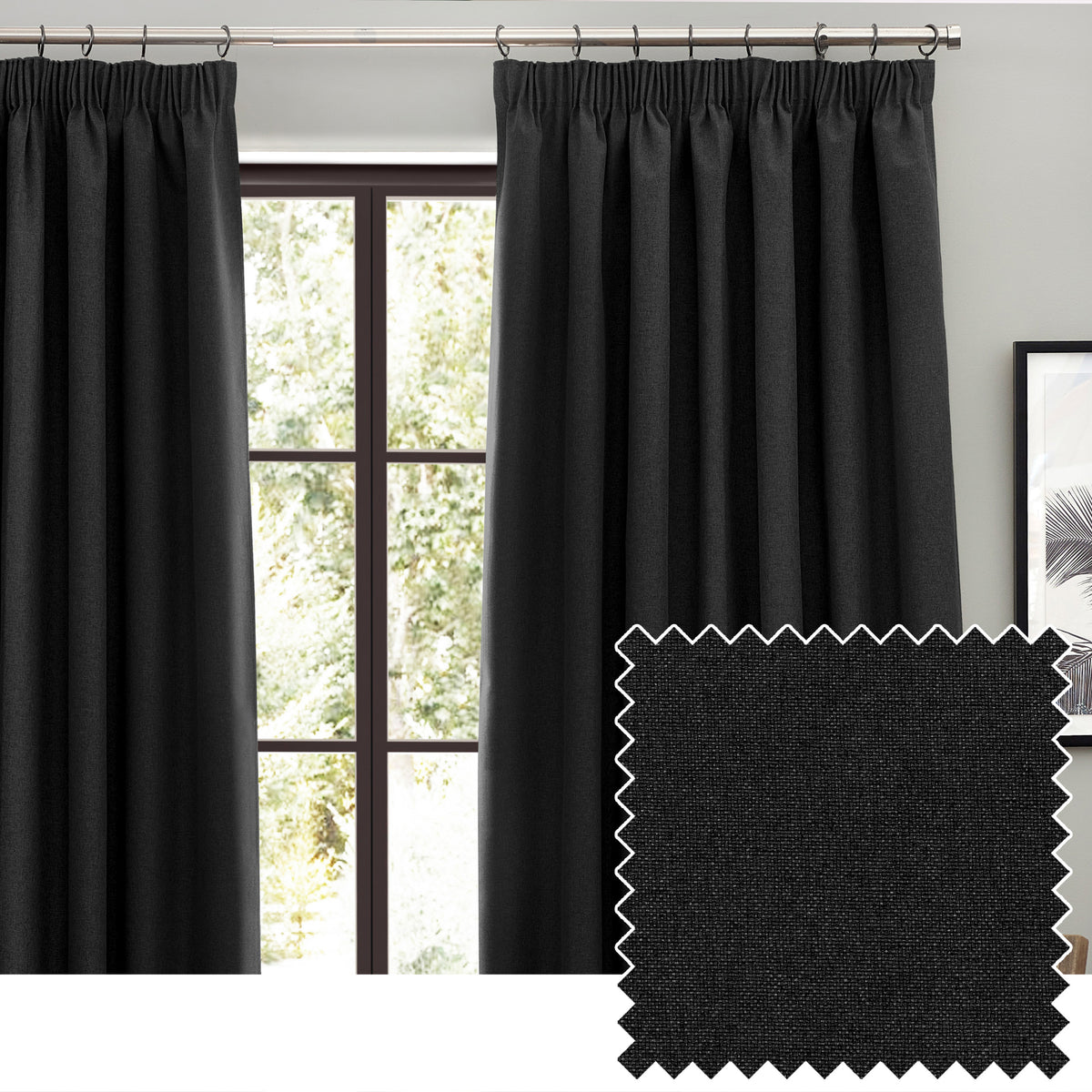 Furn. Dawn Textured Ready Made Pencil Pleat Blackout Curtains Black