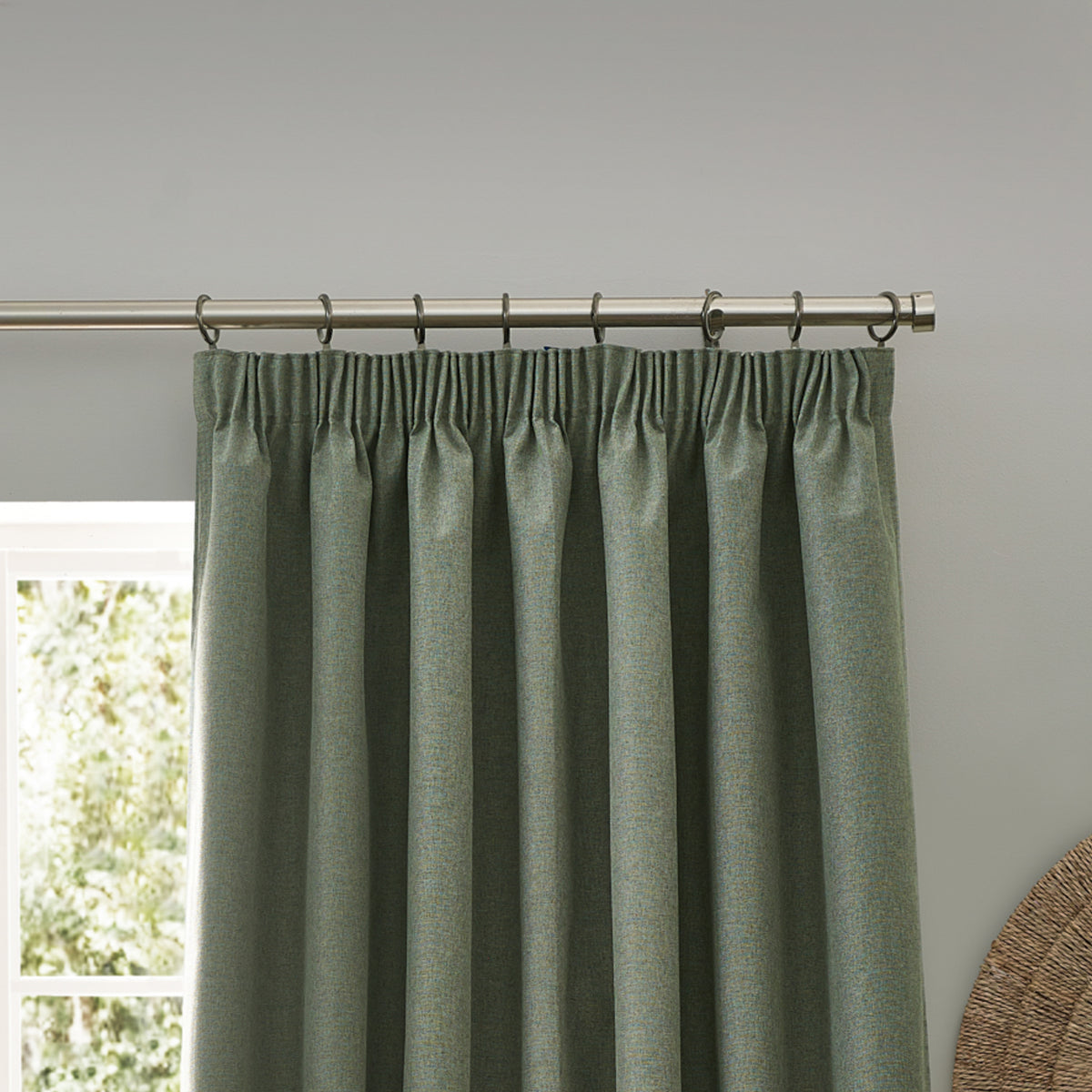 Furn. Dawn Textured Ready Made Pencil Pleat Blackout Curtains Eucalyptus
