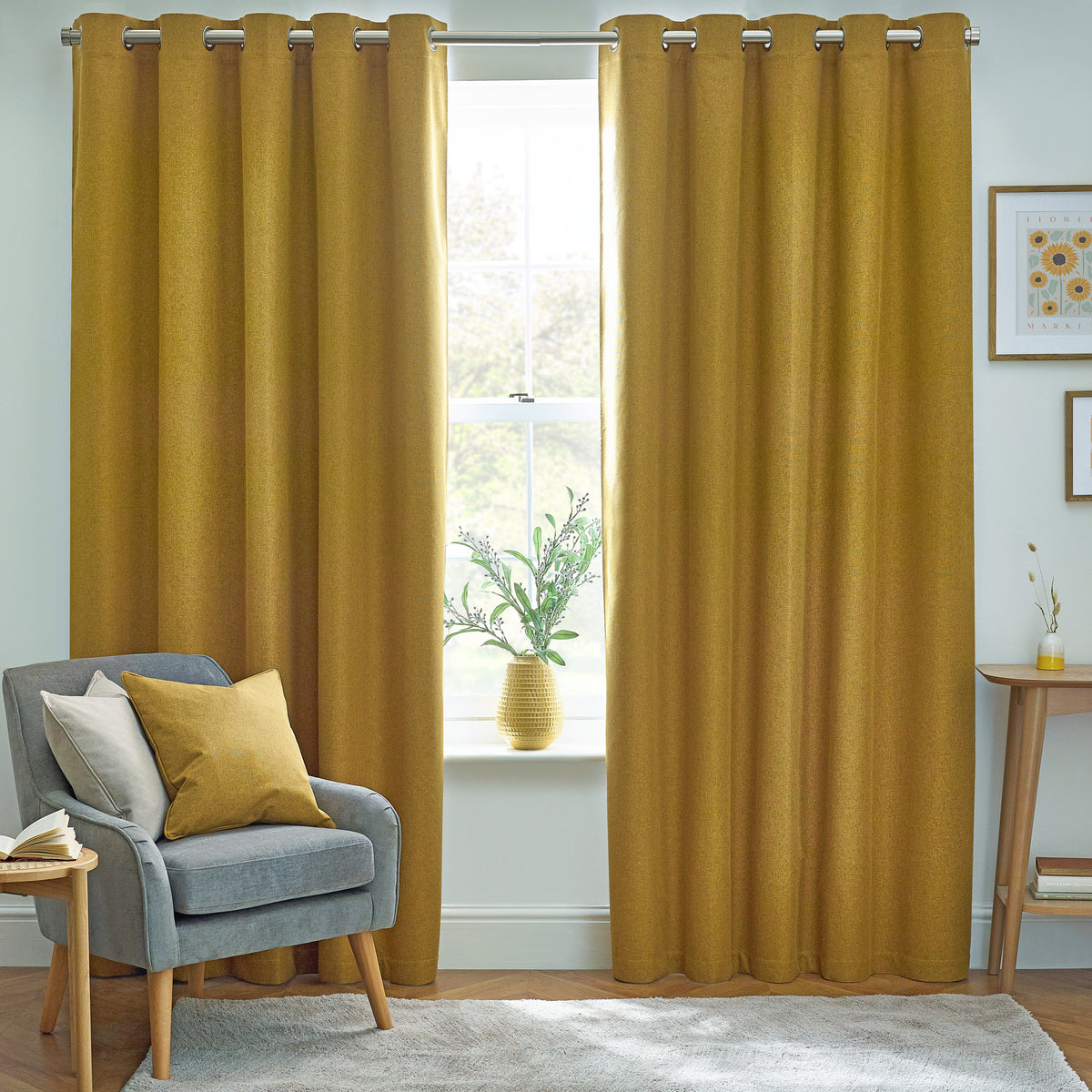 Furn Dawn Thermal Blackout Ready Made Eyelet Curtains Mustard