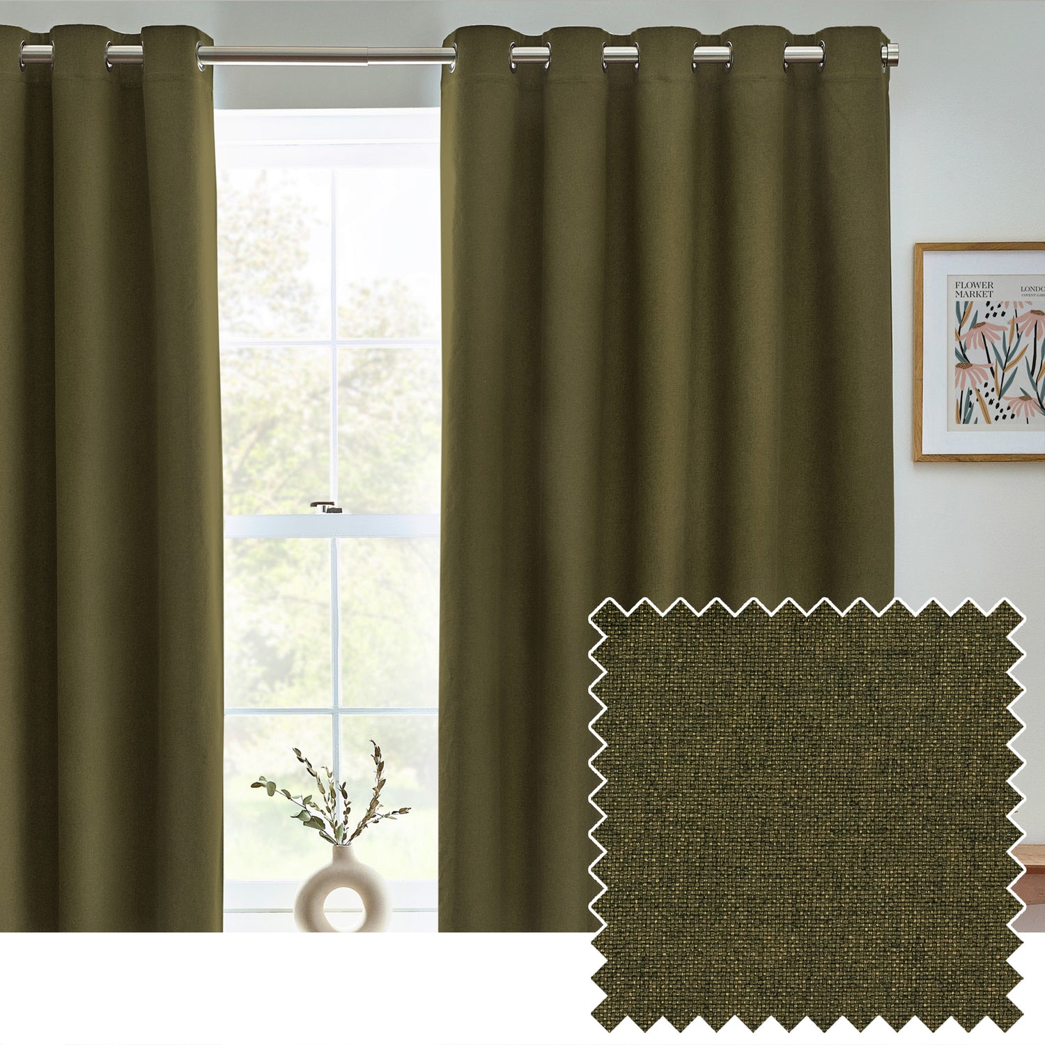 Furn. Dawn Textured Ready Made Eyelet Blackout Curtains Olive