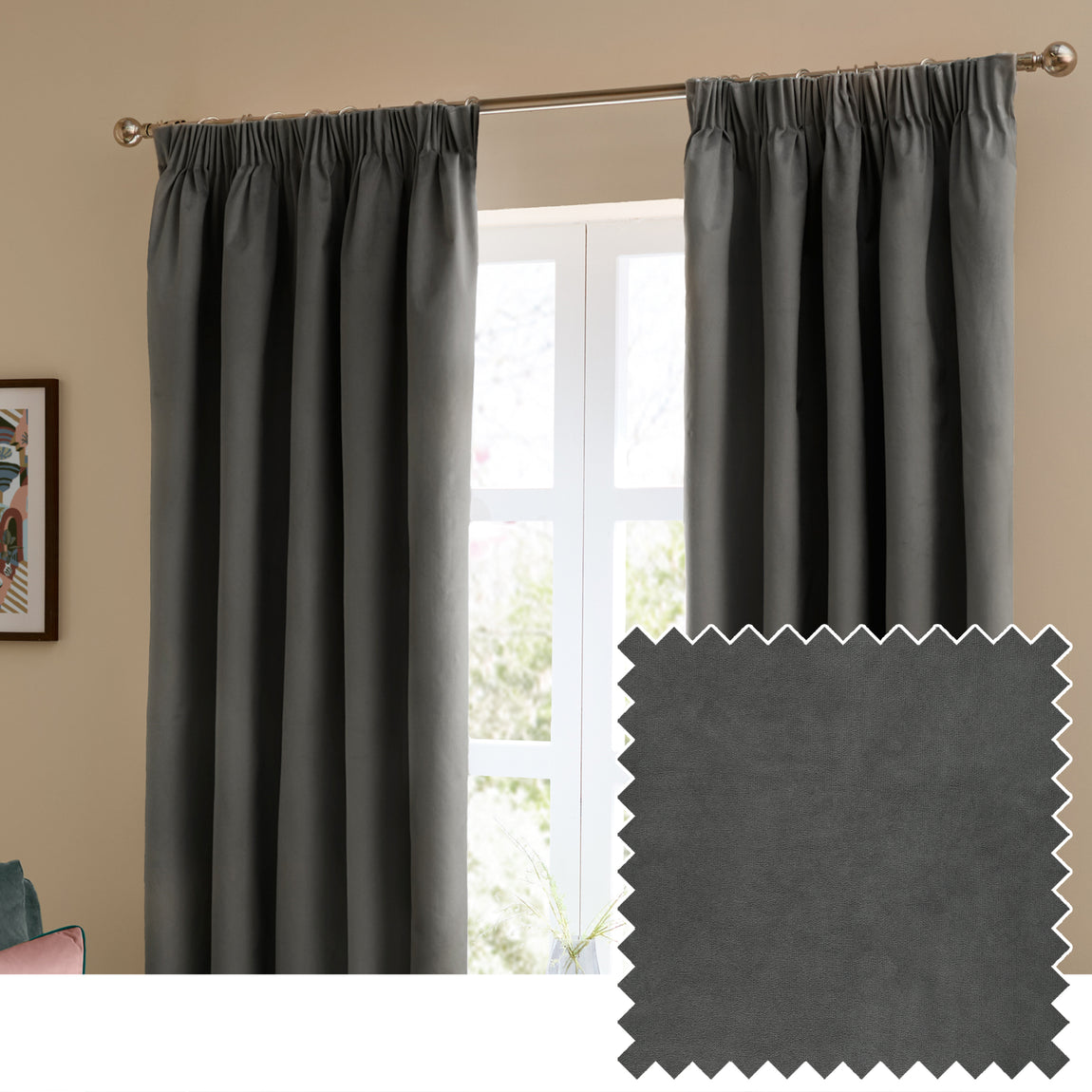 Furn Ultimate Velvet Ready Made Blackout Curtains Charcoal