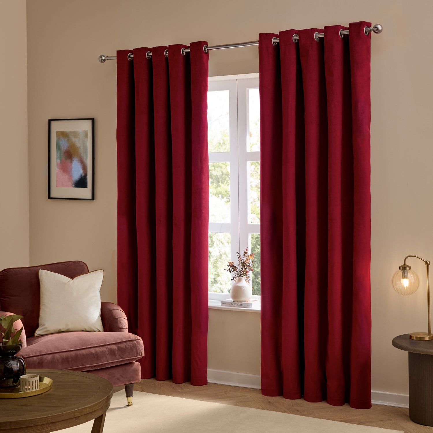 Furn Ultimate Velvet Ready Made Eyelet Blackout Curtains Burgundy