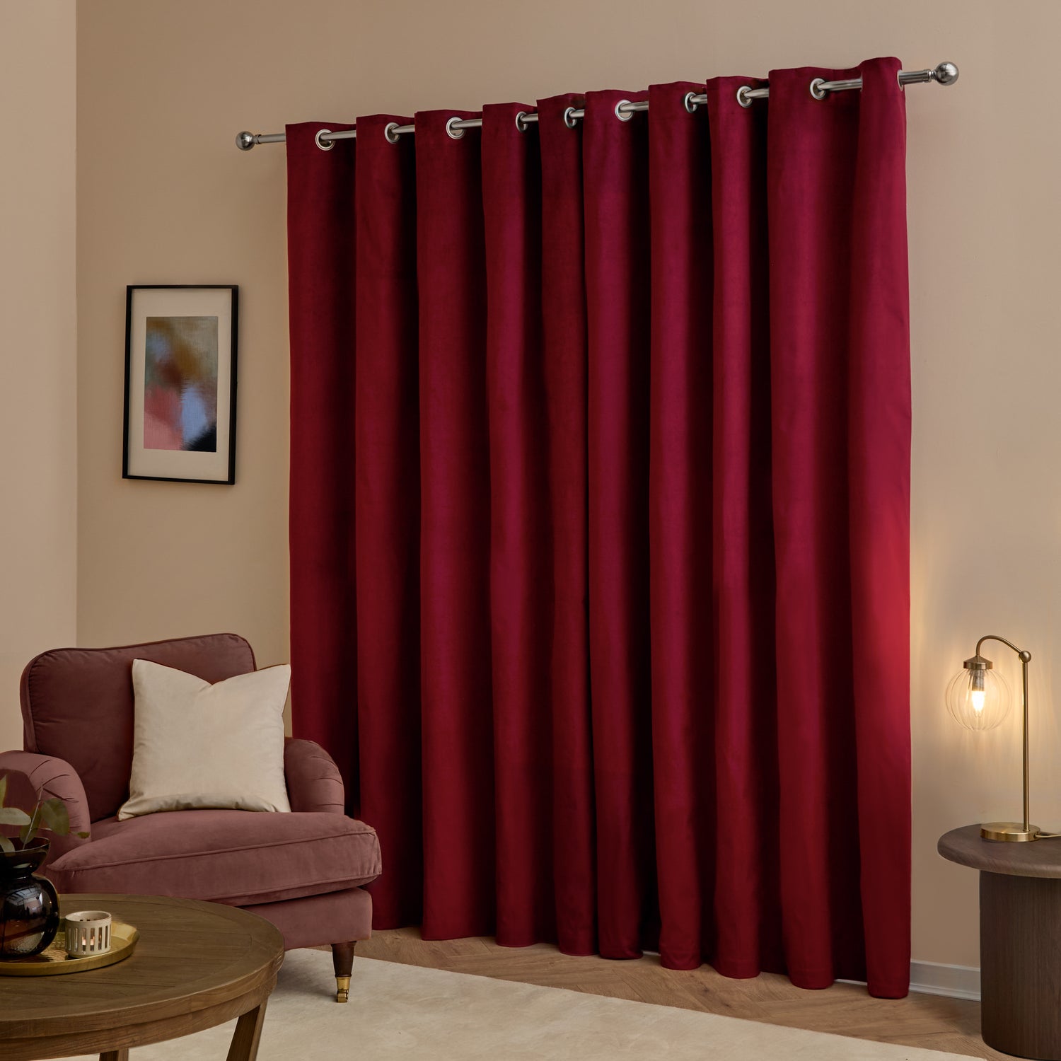 Furn Ultimate Velvet Ready Made Eyelet Blackout Curtains Burgundy