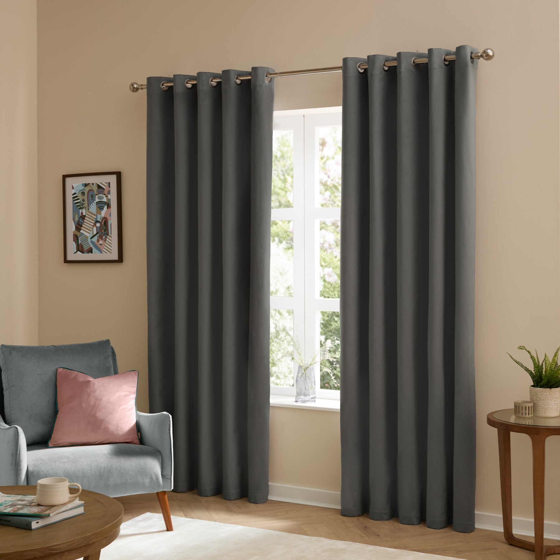 Furn Ultimate Velvet Ready Made Eyelet Blackout Curtains Charcoal
