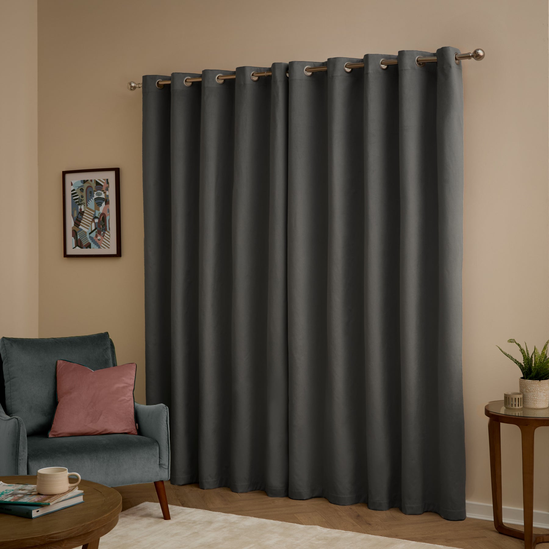 Furn Ultimate Velvet Ready Made Eyelet Blackout Curtains Charcoal