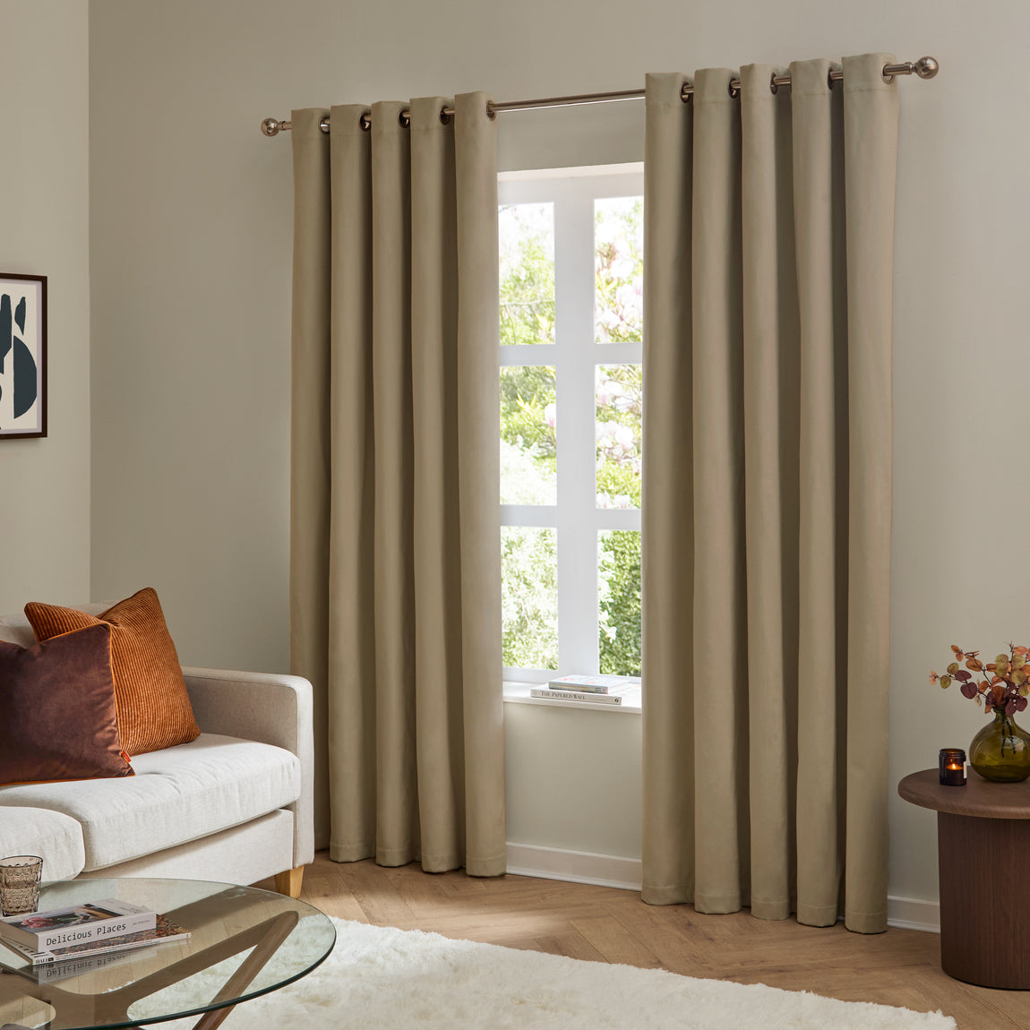 Furn Ultimate Velvet Ready Made Eyelet Blackout Curtains Mocha