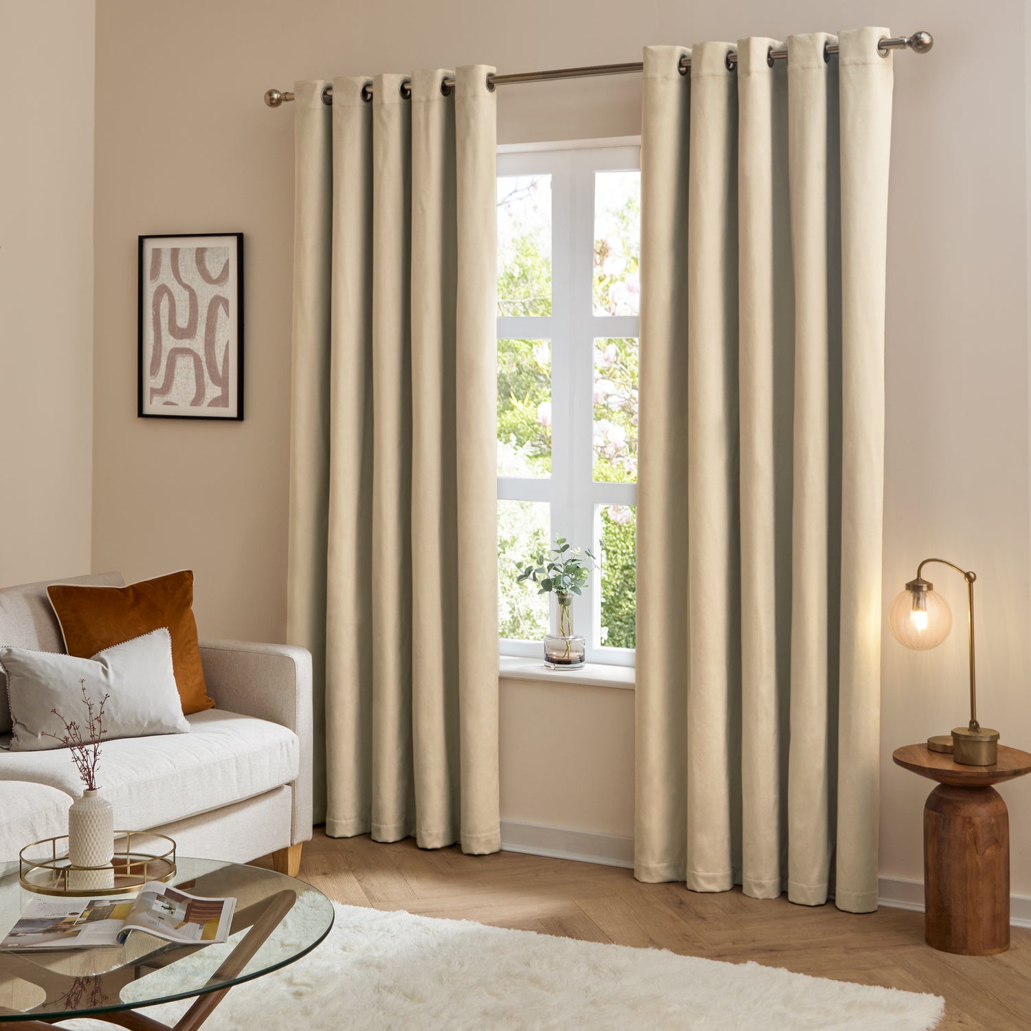 Furn Ultimate Velvet Ready Made Eyelet Blackout Curtains Natural