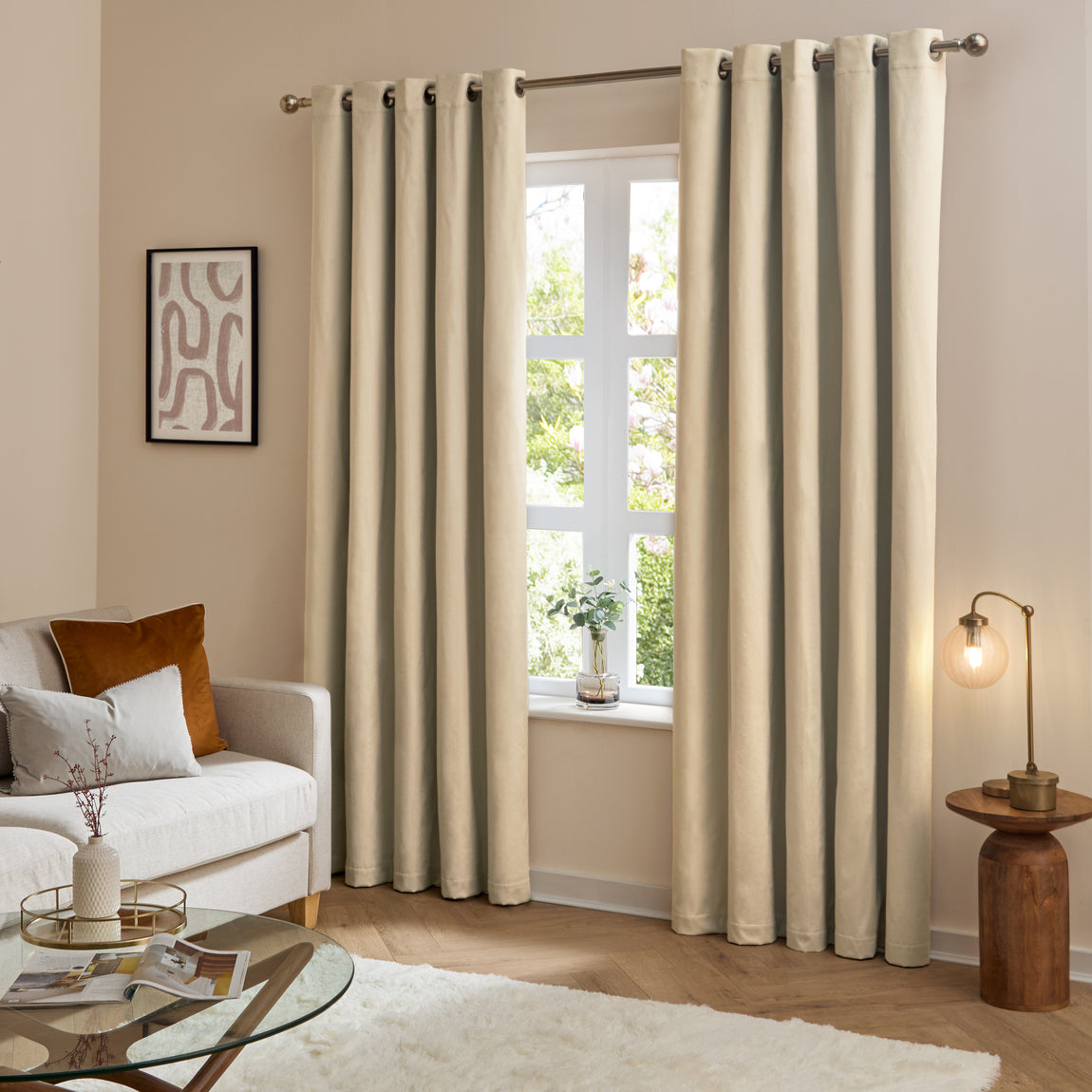 Furn Ultimate Velvet Ready Made Eyelet Blackout Curtains Natural