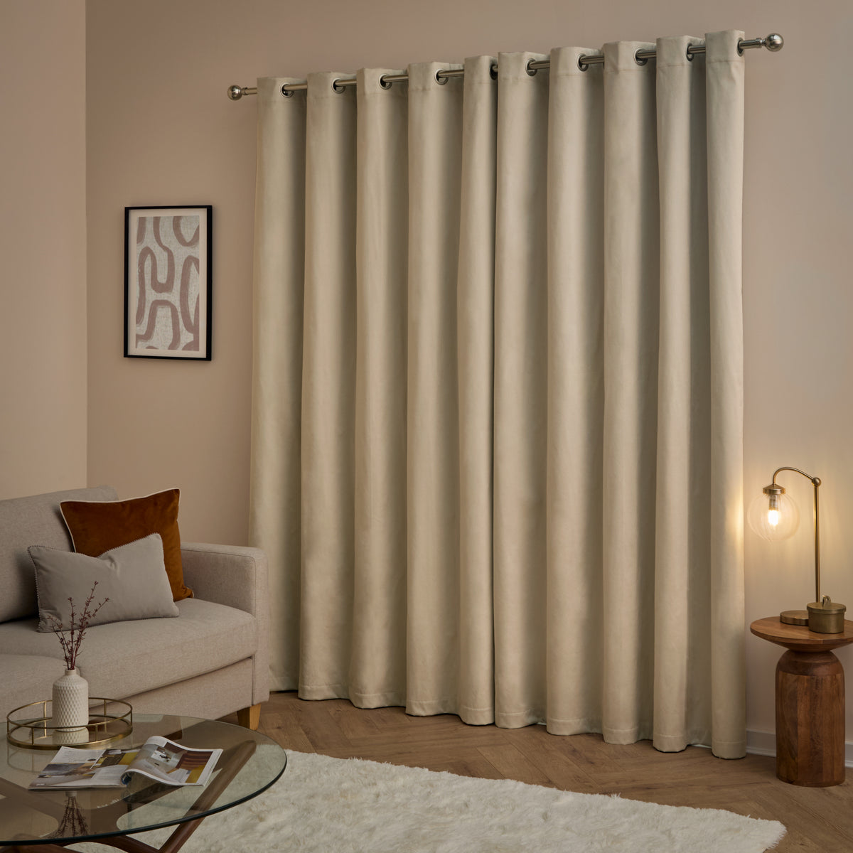 Furn Ultimate Velvet Ready Made Eyelet Blackout Curtains Natural