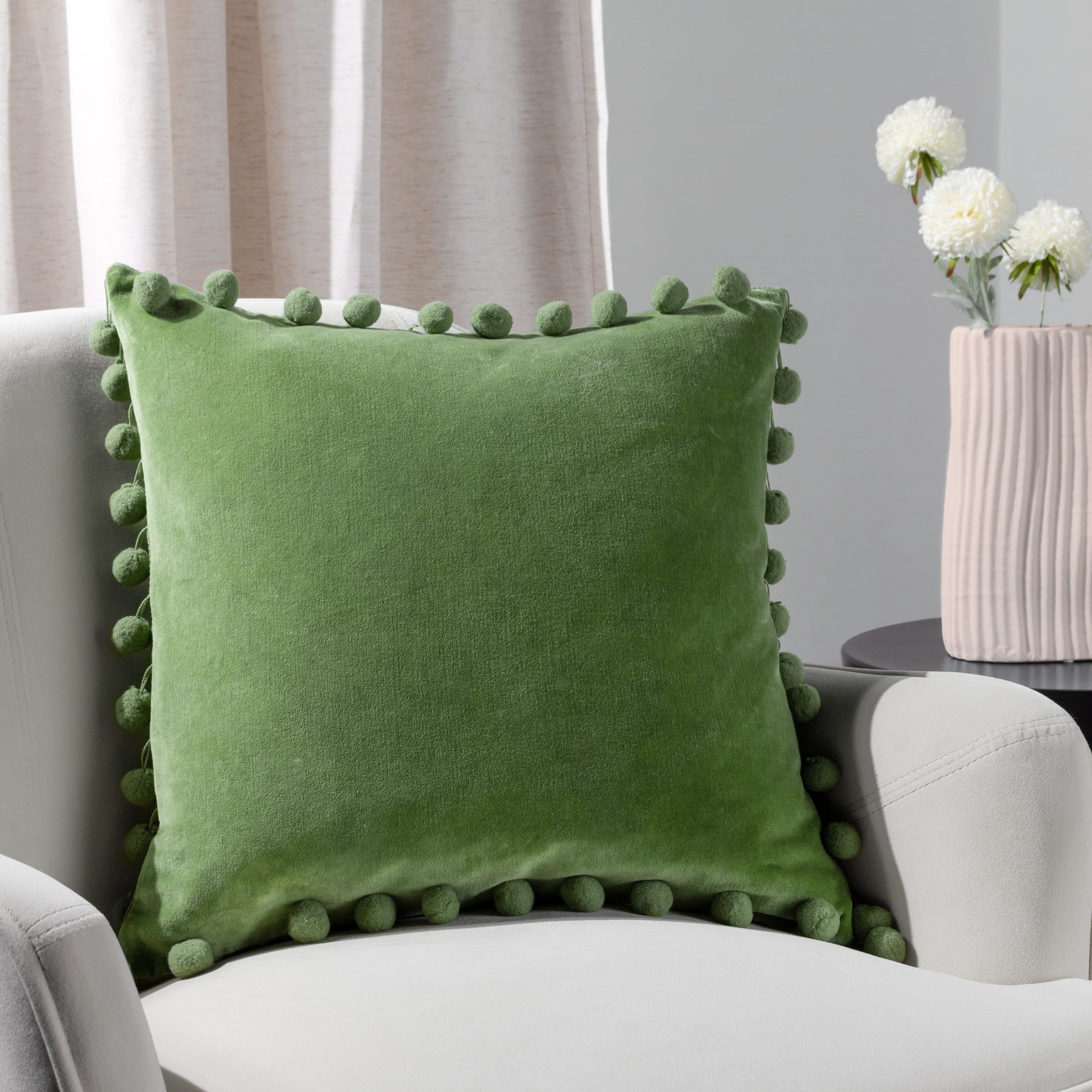 Leaf Green Dora Velvet Pom Pom 45cm x 45cm Filled Cushion Terrys