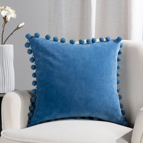 Dora Velvet Pom Pom Filled Cushion 45cm x 45cm Sky Blue