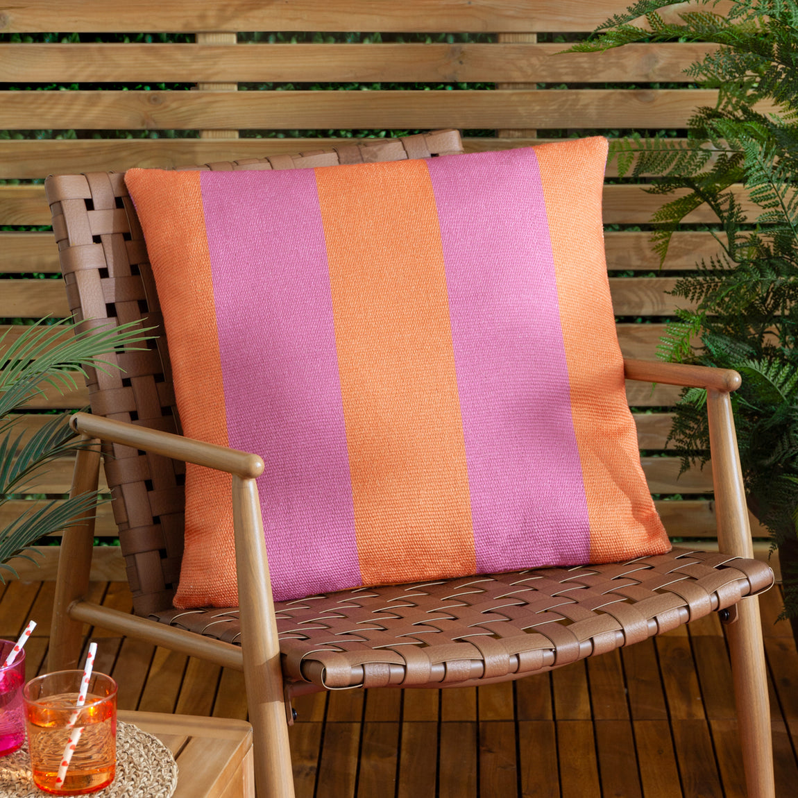 Furn. Deck Stripe Woven Outdoor 59cm x 59cm Filled Cushion Orange Pink