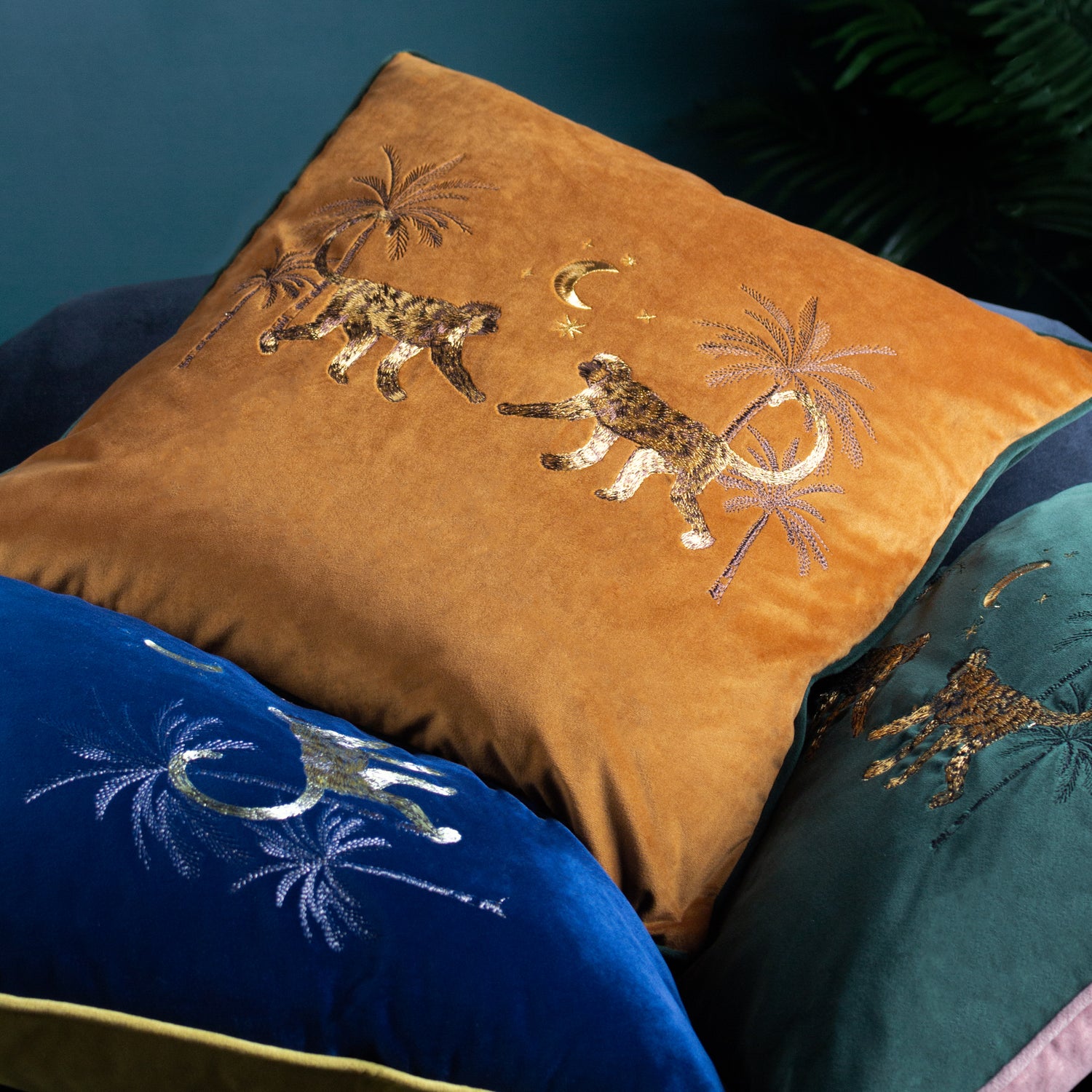 Wylder Tropics Dusk Monkey Embroidered Filled Cushion 50cm x 50cm Navy