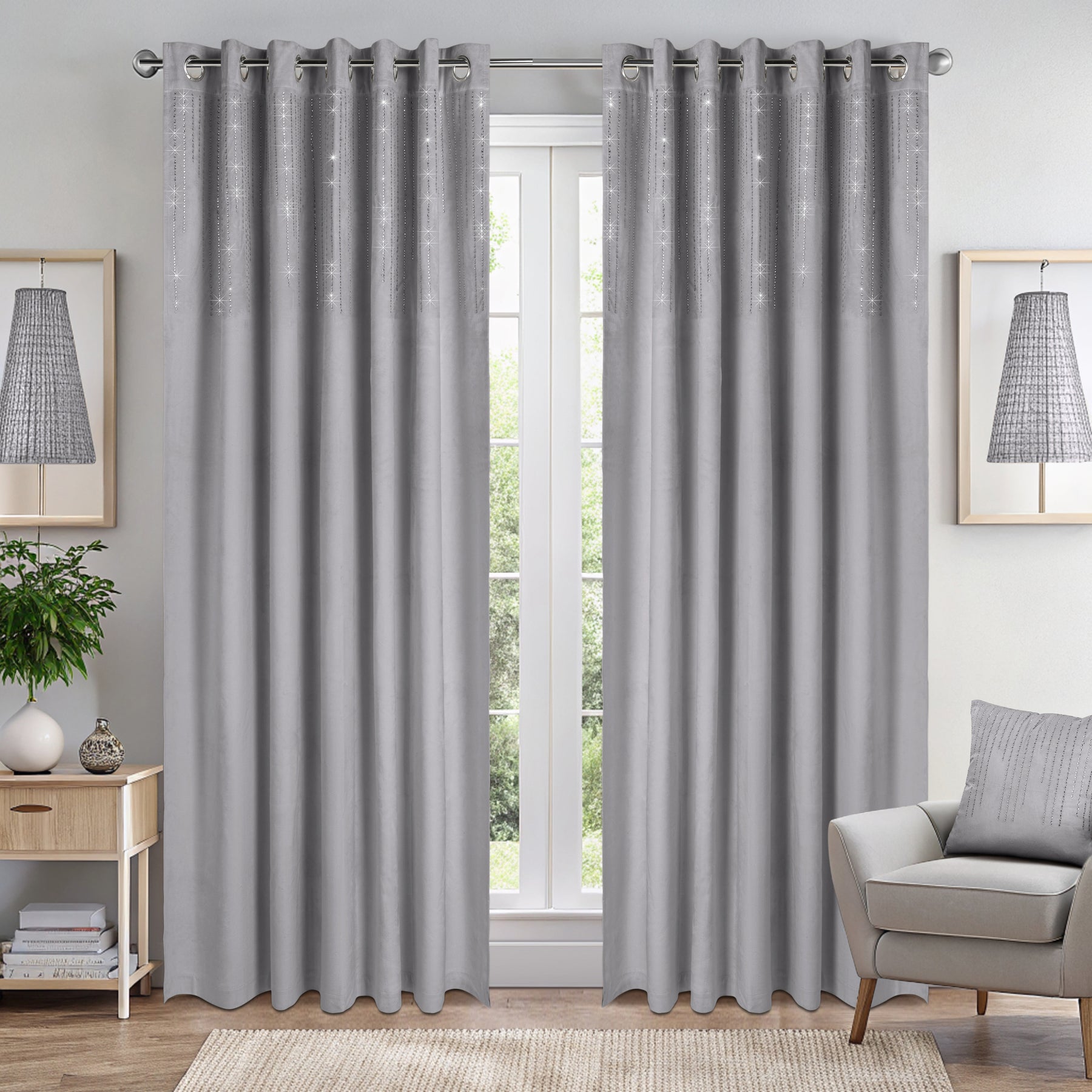 Diamondo Velvet Ready Made Eyelet Blackout Curtains Silver