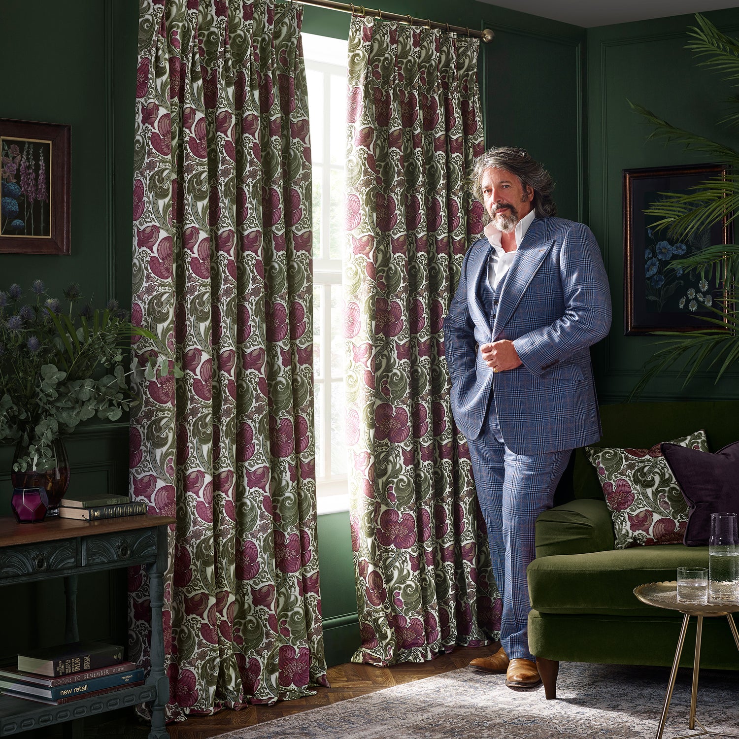 HOUSE Llewelyn-Bowen Down The Dilly Printed Velvet Fabric Damson