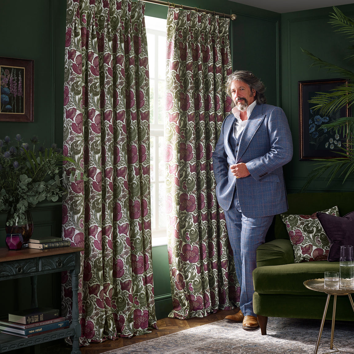 HOUSE Llewelyn-Bowen Down The Dilly Printed Velvet Fabric Damson
