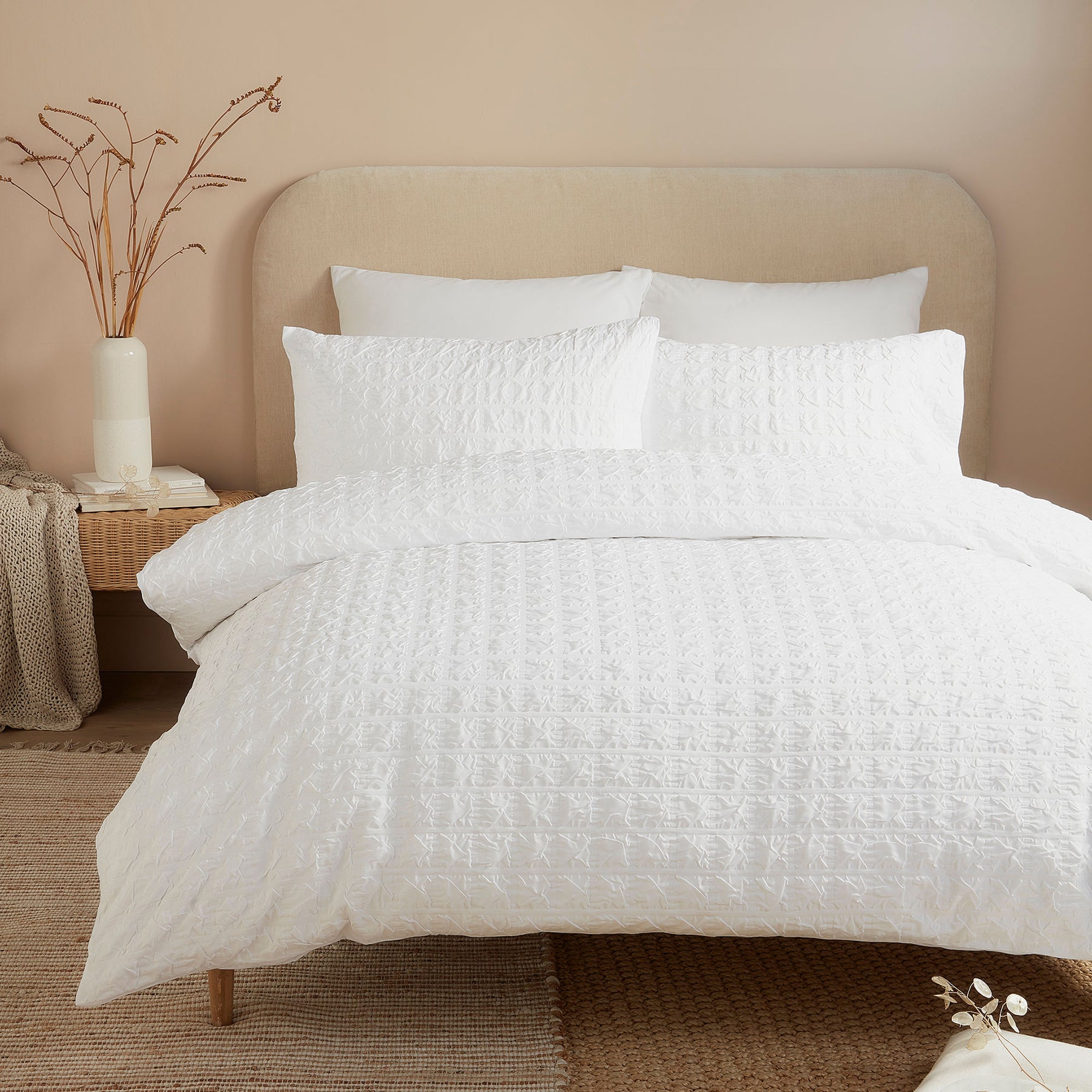 Serene Embossed Grid Duvet Cover Bedding Set White