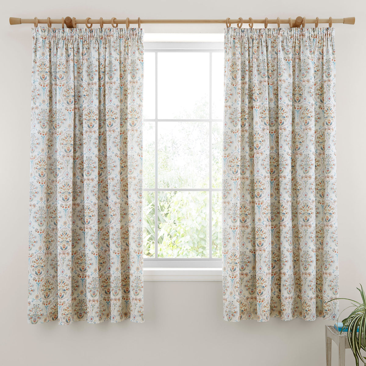 Dreams & Drapes Edena Decorative Floral Ready Made Pencil Pleat Curtains 66 x 72 Natural