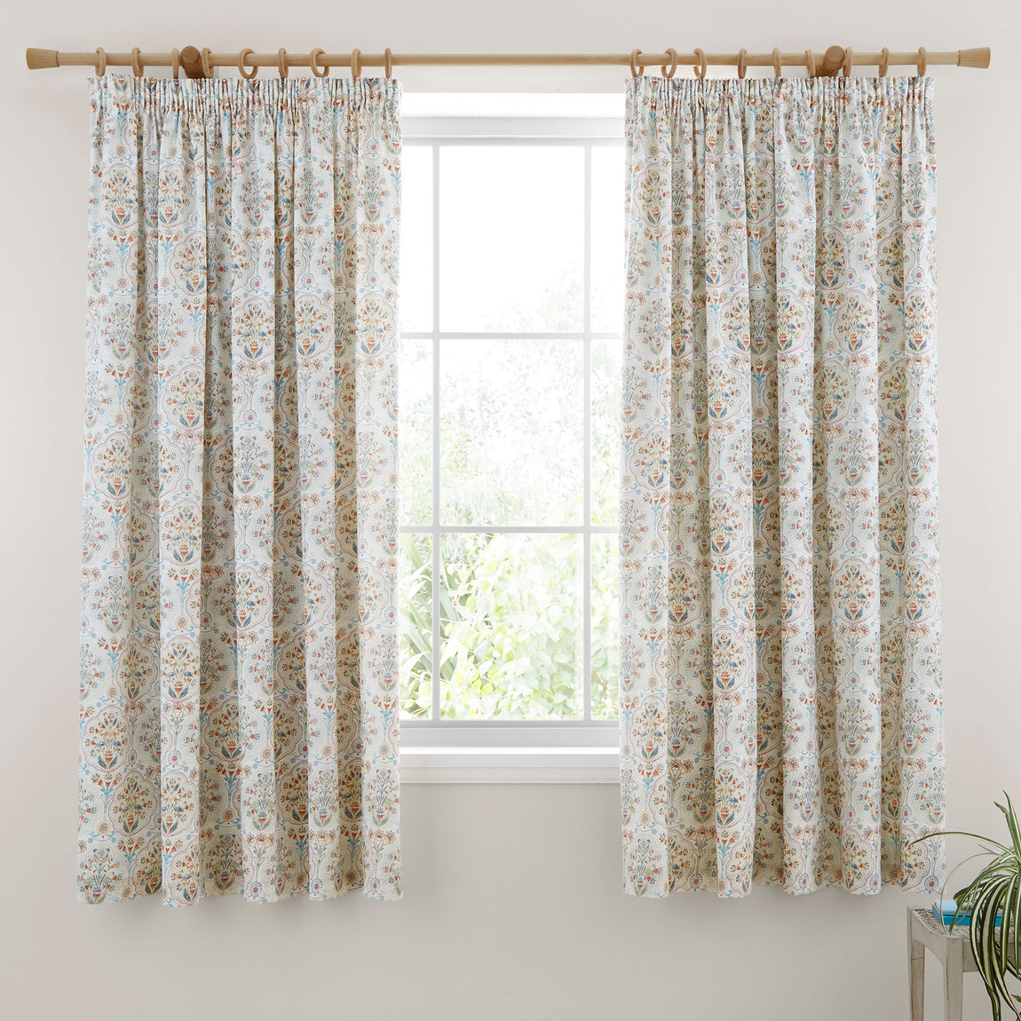 Dreams & Drapes Edena Decorative Floral Ready Made Pencil Pleat Curtains 66 x 72 Natural