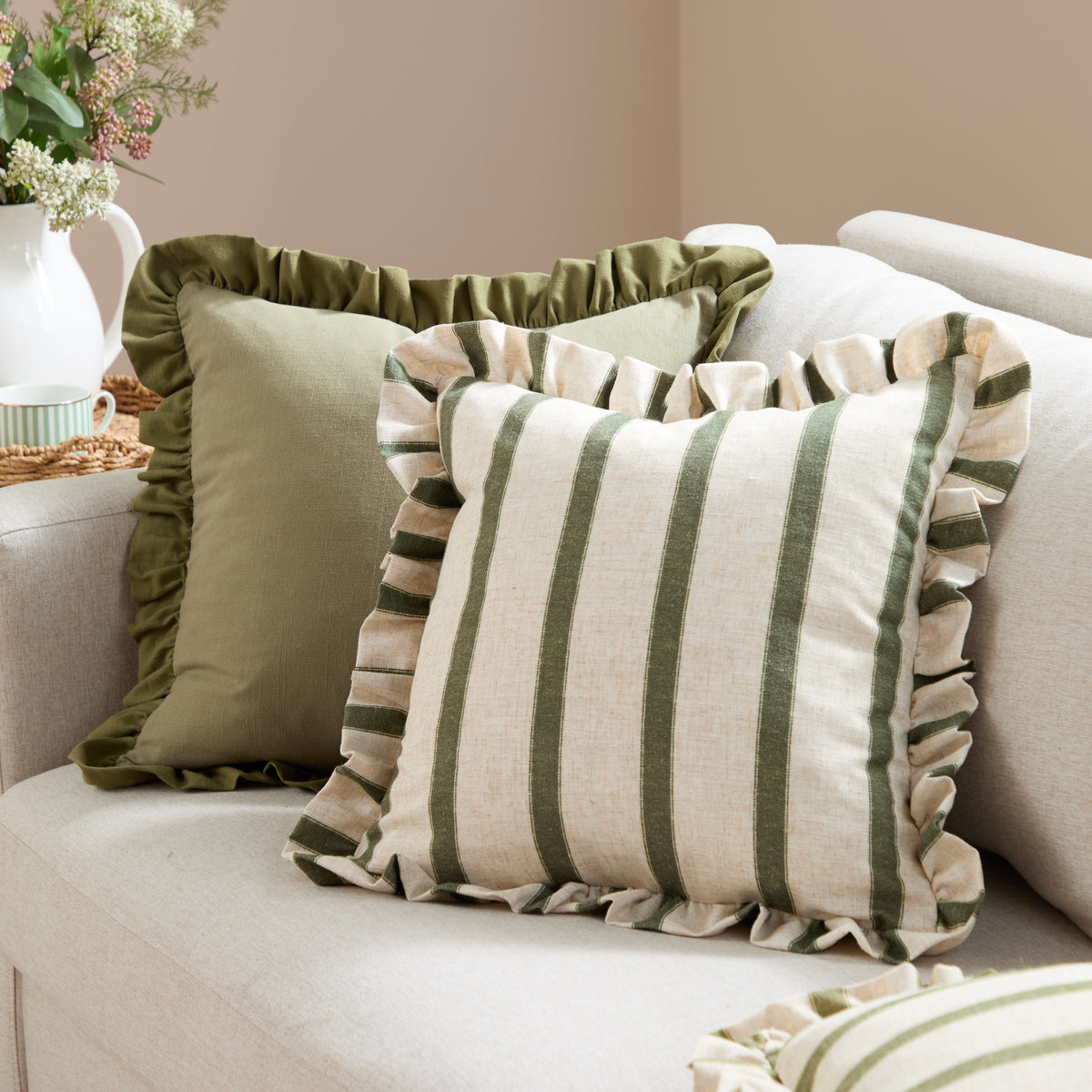 Wylder Effie Cotton Ruffle 45cm x 45cm Filled Cushion Sage Green