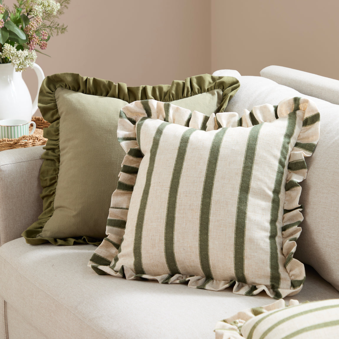 Wylder Effie Cotton Ruffle 45cm x 45cm Filled Cushion Sage Green