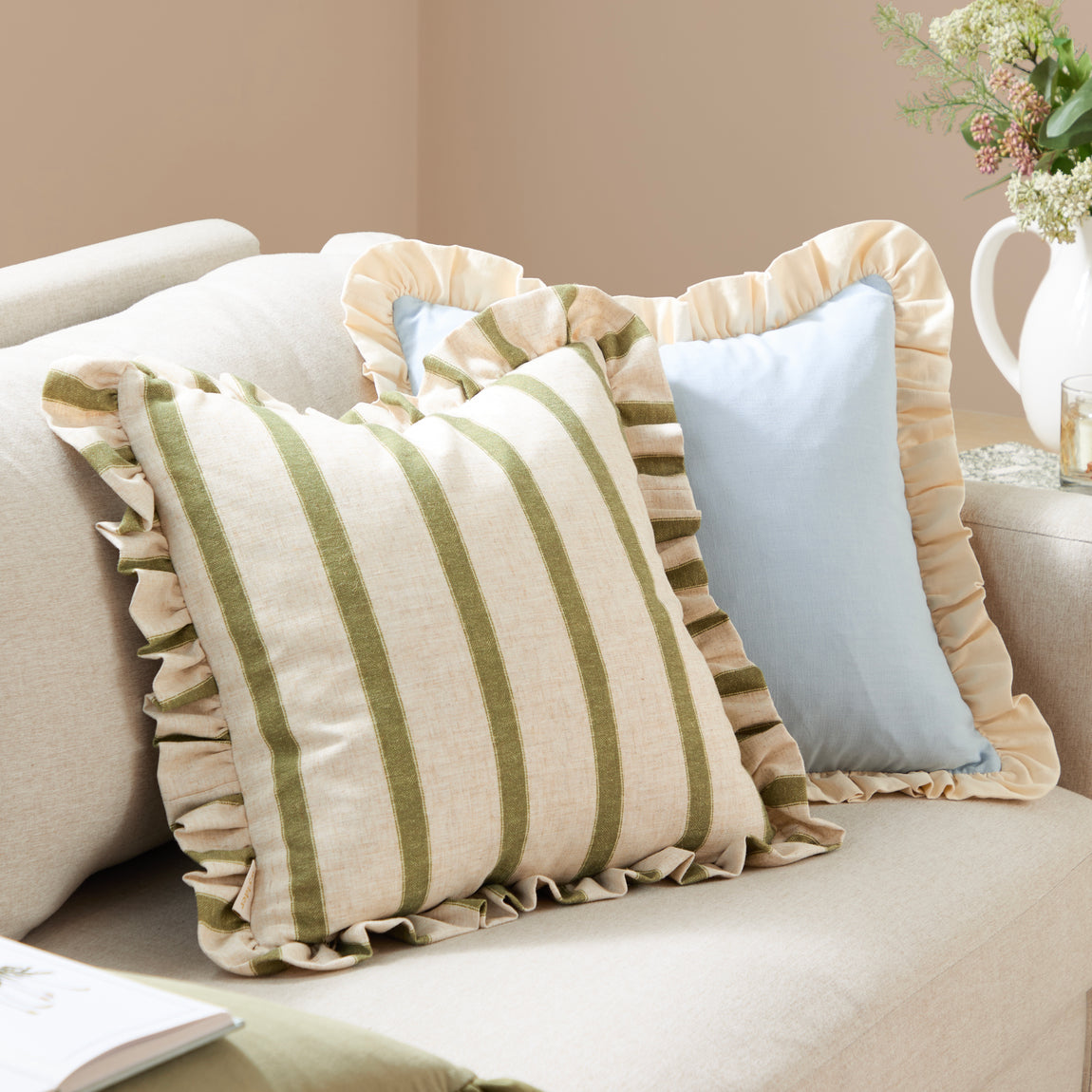 Wylder Effie Cotton Ruffle 45cm x 45cm Filled Cushion Sky Blue Vintage Cream