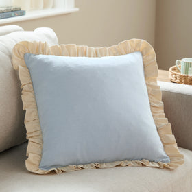 Wylder Effie Cotton Ruffle 45cm x 45cm Filled Cushion Sky Blue Vintage Cream