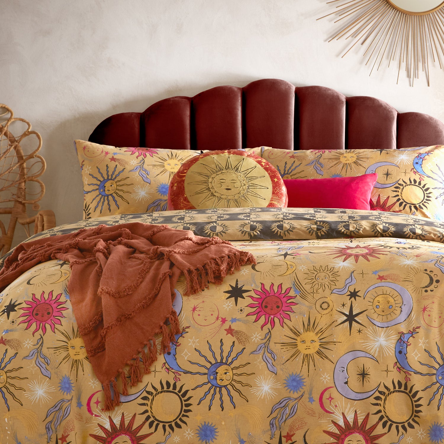 Ethereal Sun Velvet Round Filled Cushion 40cm Gold Dust Rust