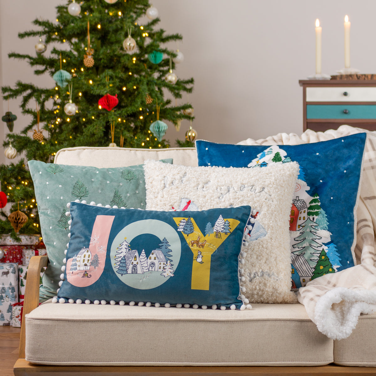 Furn Evergreen Classic Tree Embroidered Filled Cushion 43cm x 43cm Green