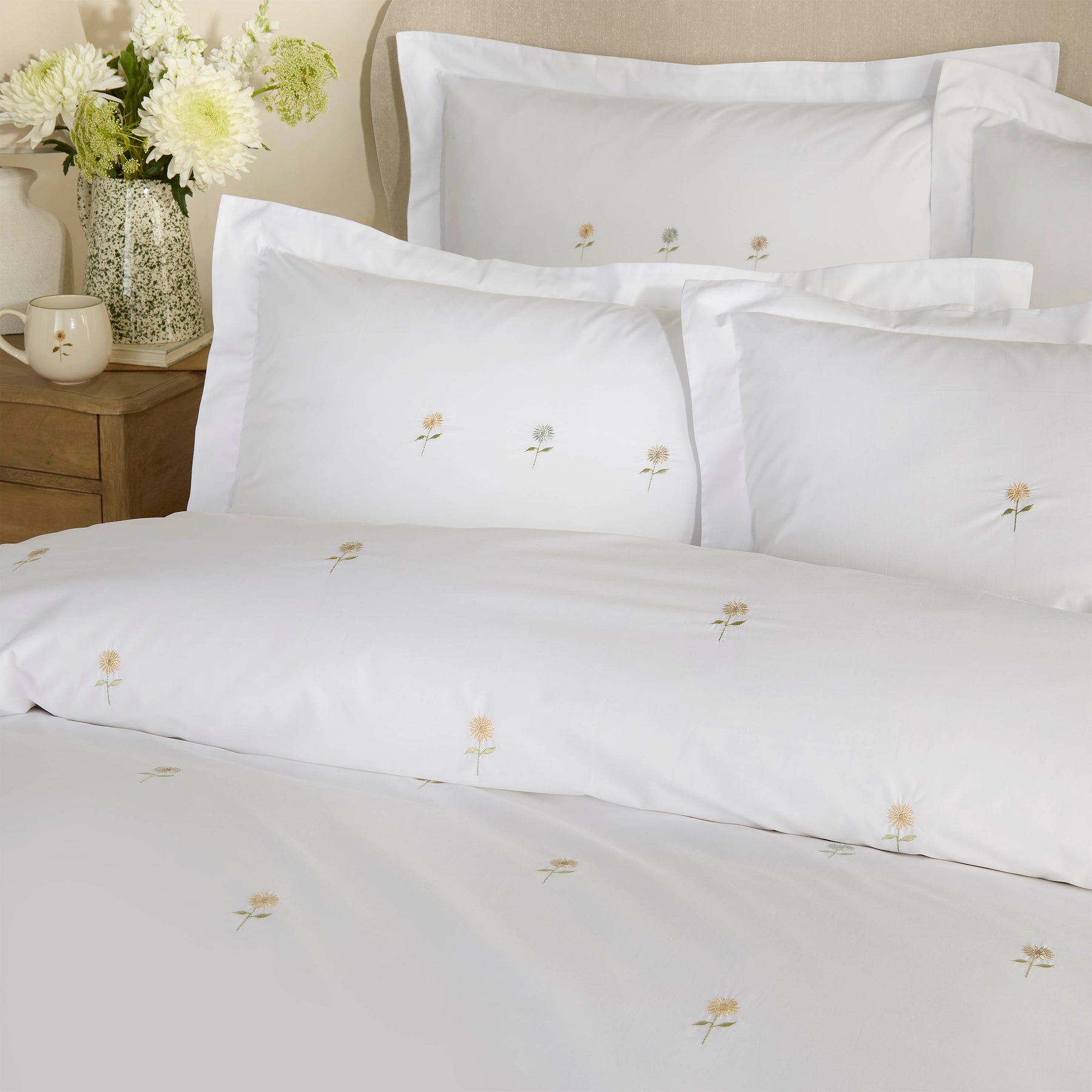Sophie Allport Embroidered Sunflowers Duvet Cover Bedding Set White