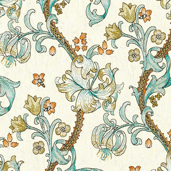William Morris Golden Lily Embroidered Fabric Linen Teal