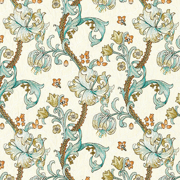 William Morris Golden Lily Embroidered Fabric Linen Teal