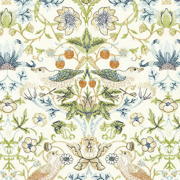 William Morris Strawberry Thief Embroidery Fabric Apple Blue