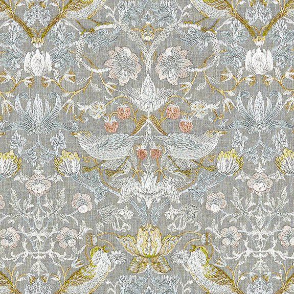 William Morris Strawberry Thief Embroidery Fabric Slate Blush
