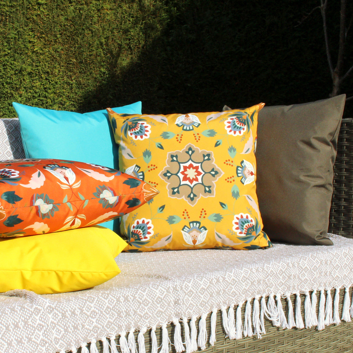 Folk Flora Floral Outdoor Filled Cushion 43cm x 43cm Ochre